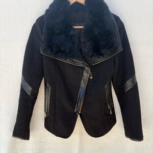 Black Rabbit Fur Collar Women's Jacket Sz XS